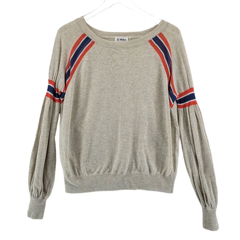 27 Miles Womens Sweater Small Linen Blend Beige Red Blue Stripe Oversized Flawed